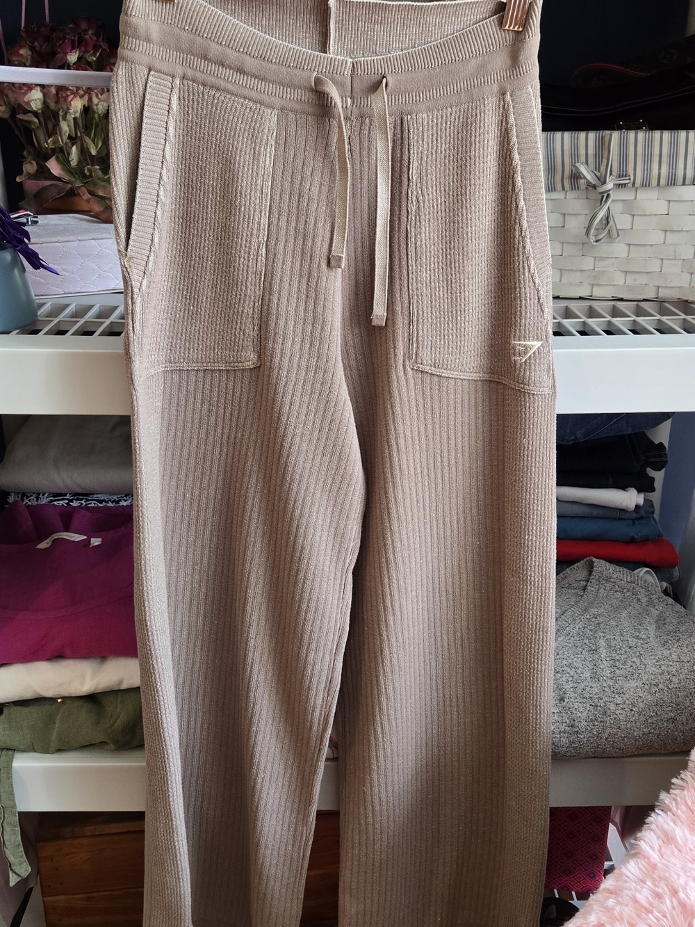 Gymshark Ribbed Drawstring Wide-Leg Joggers in Taupe